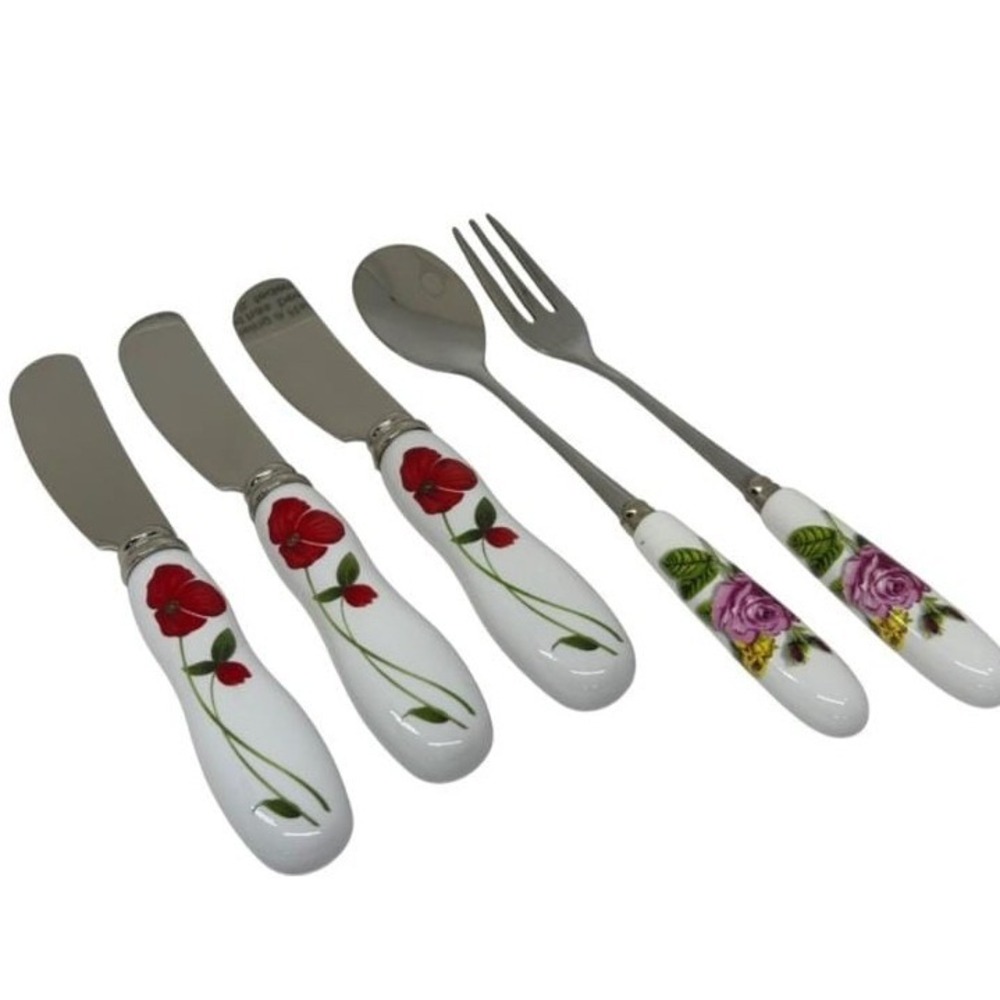 VTG Stainless‎ Steel Flatware Set Floral Porcelain Handles 3-Pc Knife Fork Spoon